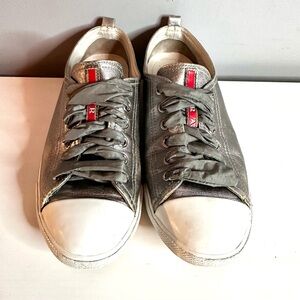 Prada - Women’s Sneakers, Metallic Gun Metal Silver, Silk Ribbon Laces, Sz 8.5